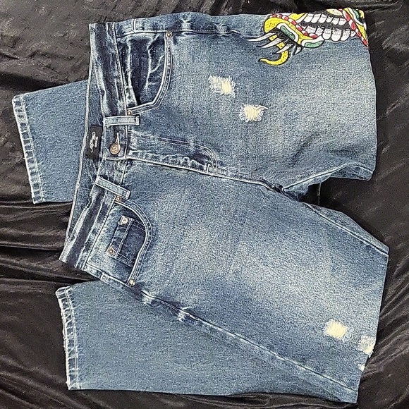 ED HARDY AUTHENTIC Embroidery Skull Painted Logo Jeans Size 30 - Picture 6 of 10